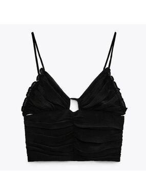 Zara Draped V-Neck Black Ruched Strappy Tie Back Cropped Top